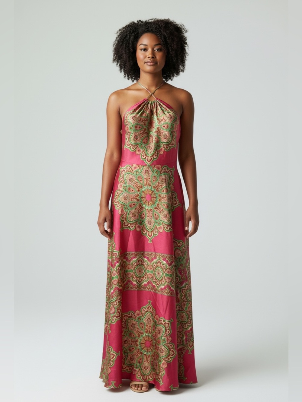 Vicki London Pink Halter Maxi Dress with Green Paisley Medallion Print Sz L